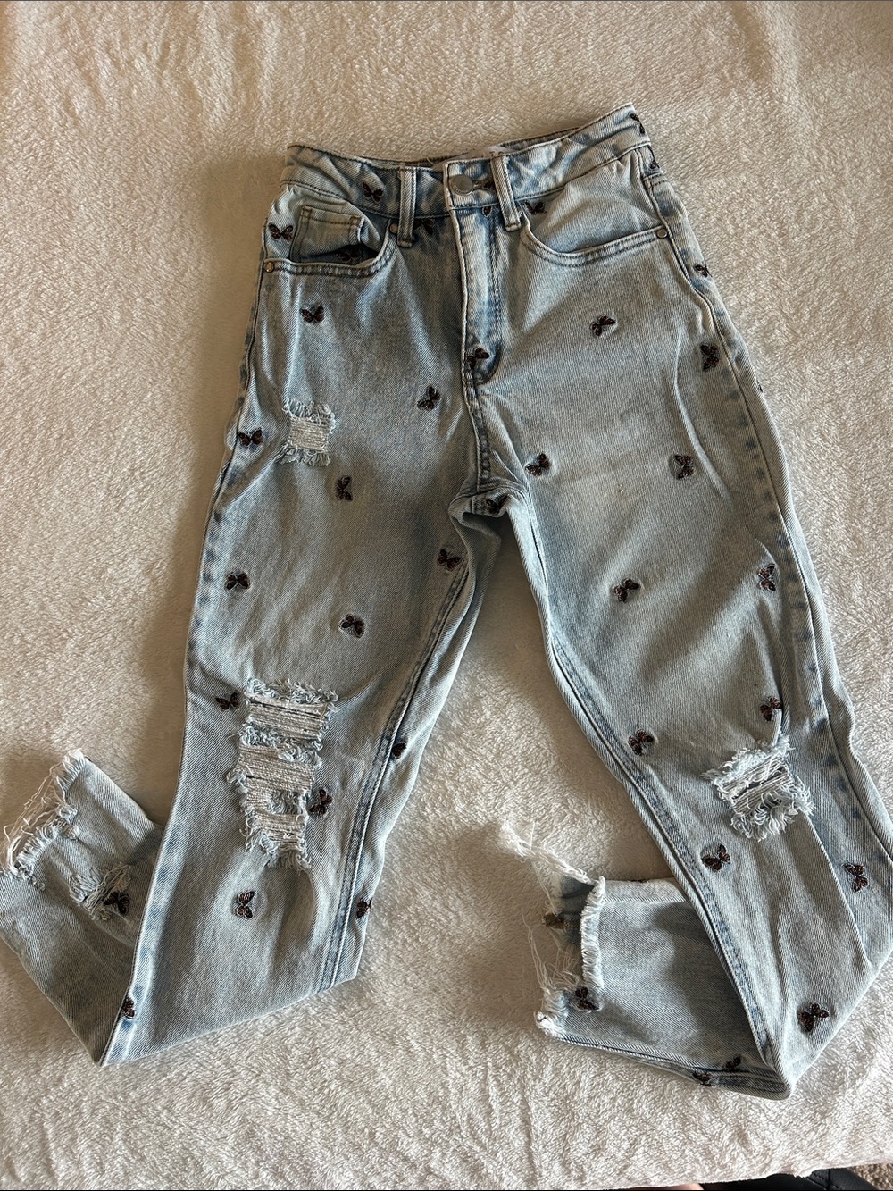 Light Blue Distressed Boyfriend Jeans with Embroidered butterflies
